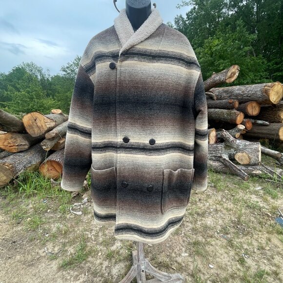 Men's Size XL Vintage Lined Woolrich Striped Rancher Coat with Fleece Collar - Picture 11 of 16
